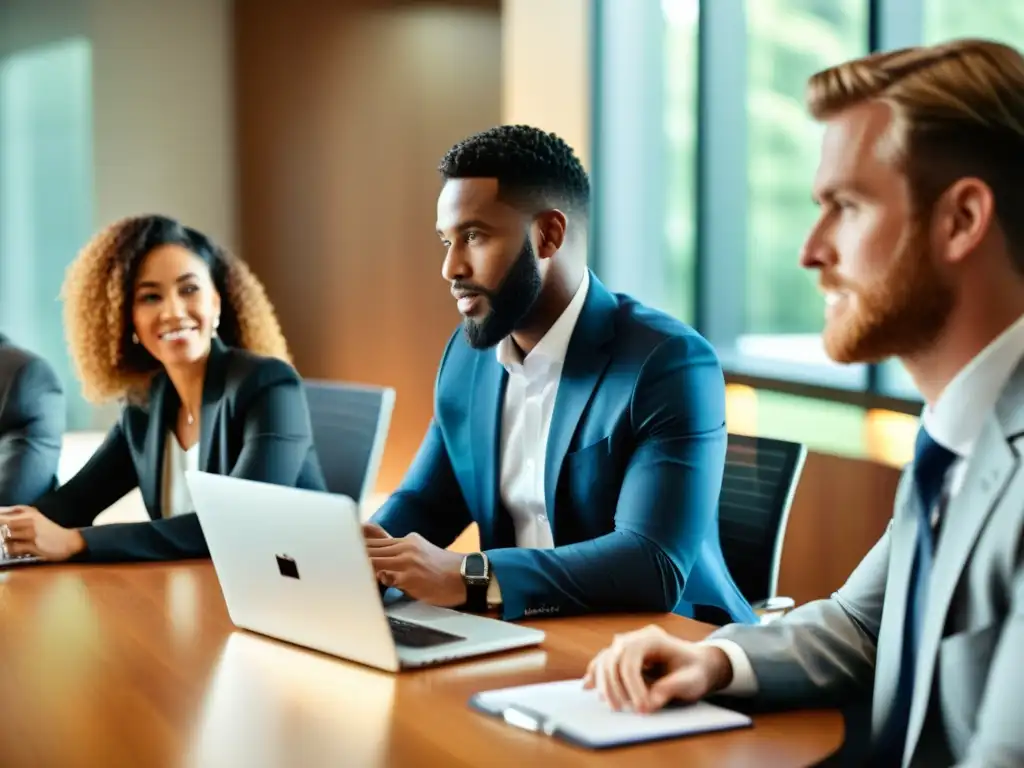 Profesionales en trajes de negocios colaboran y planifican estrategias mientras revisan un perfil de LinkedIn