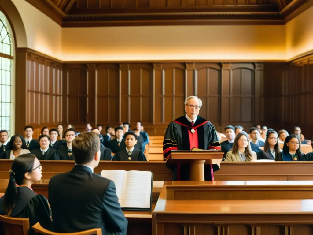Salón de conferencias histórico con profesor y estudiantes atentos Profesor y estudiantes en una majestuosa sala de conferencias, destacando el papel de las cátedras rituales