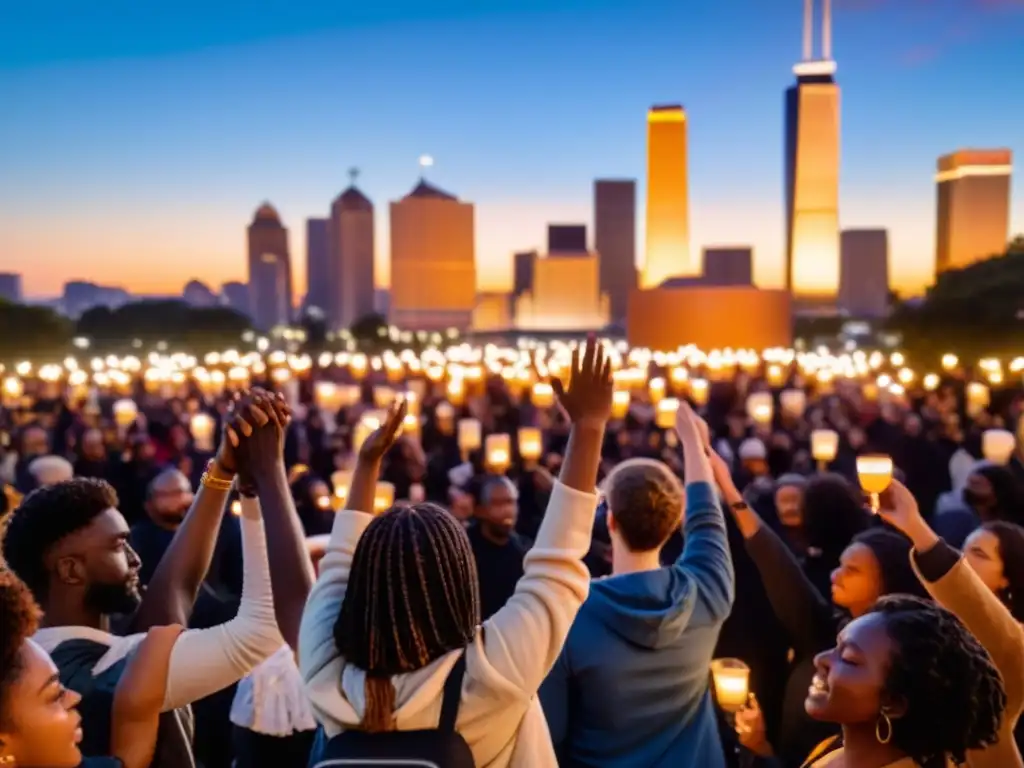 Protesta pacífica al atardecer con música, velas y unidos en círculo, reflejando el poder de la música en rituales de protesta