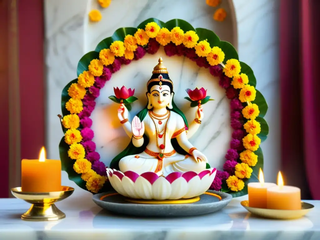 Un puja thali adornado y una estatua de deidad hindú en un ritual sagrado con significado en los rituales hindúes sagrados