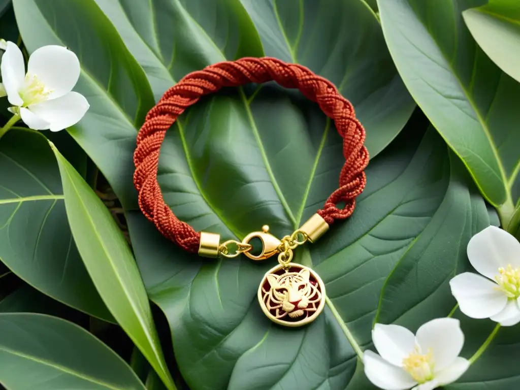 Una pulsera tejida con hilo rojo y dorado, con una piedra de ojo de tigre en el centro, sobre hojas verdes y flores blancas