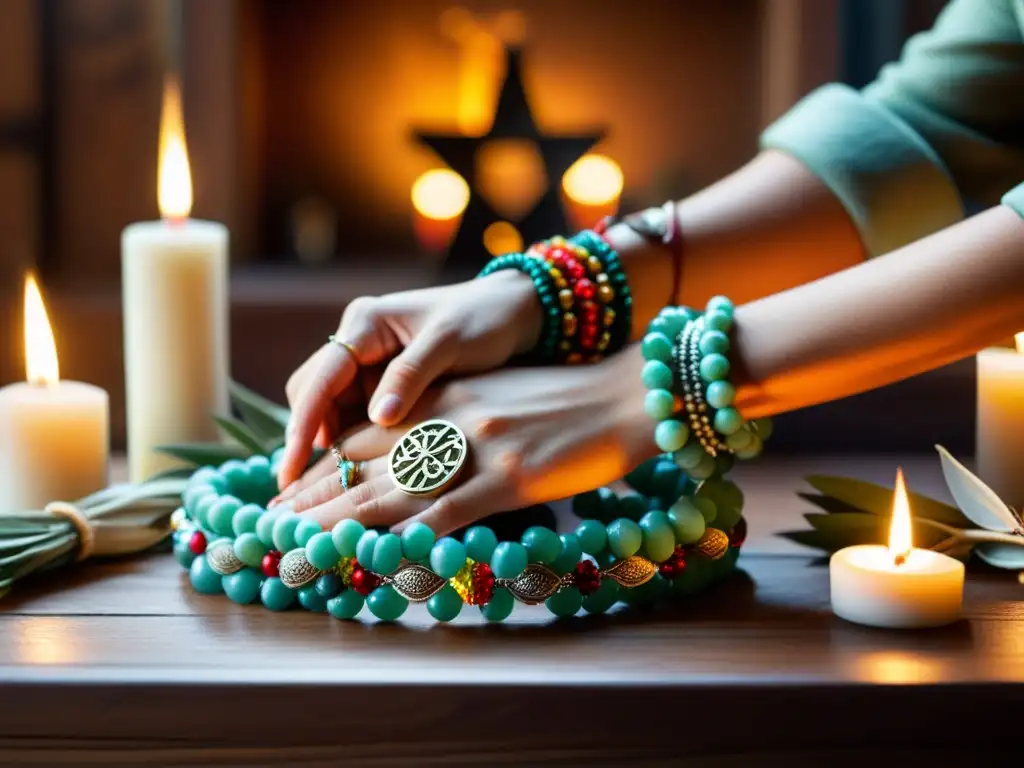 Colocando pulseras de poder en rituales con sahumerio y velas, creando una escena culturalmente rica y visualmente cautivadora