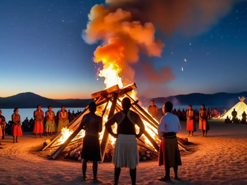 Quema simbólica de derechos culturales: ceremonia indígena alrededor de gran fogata en la noche estrellada