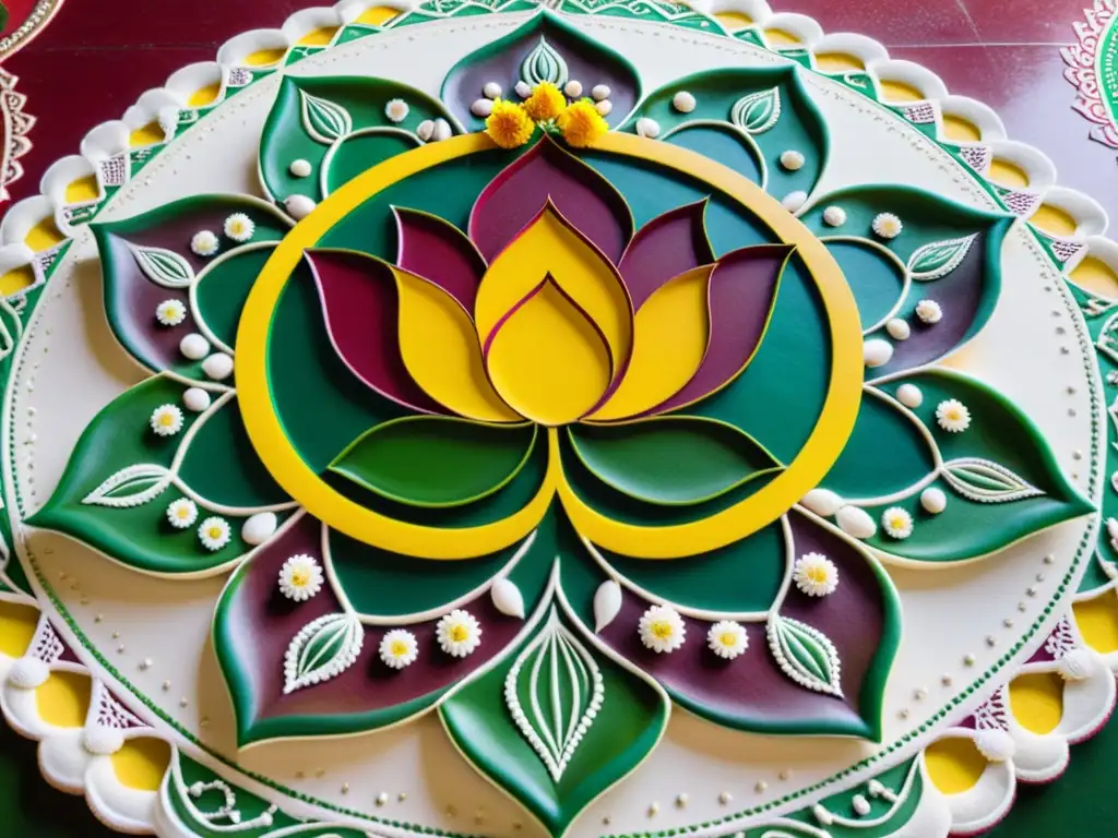 Un rangoli vibrante con diseño de loto y patrones geométricos, celebra la llegada de la primavera y la sabiduría en Basant Panchami