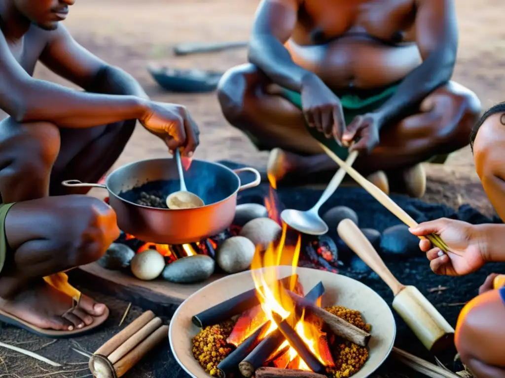 Recetas rituales indígenas: Grupo aborigen cocinando alrededor de una fogata, usando métodos tradicionales y ingredientes nativos en Australia