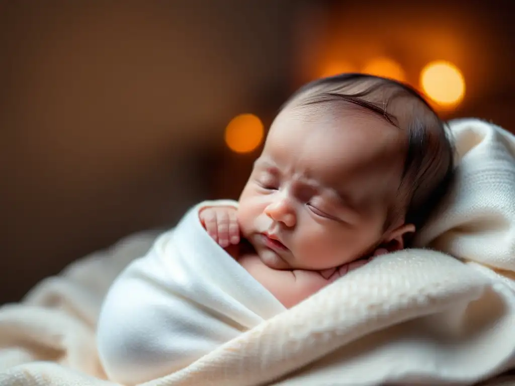 Un recién nacido envuelto en una manta blanca es sostenido tiernamente por un padre, en una escena llena de amor y tradición islámica Aqiqah