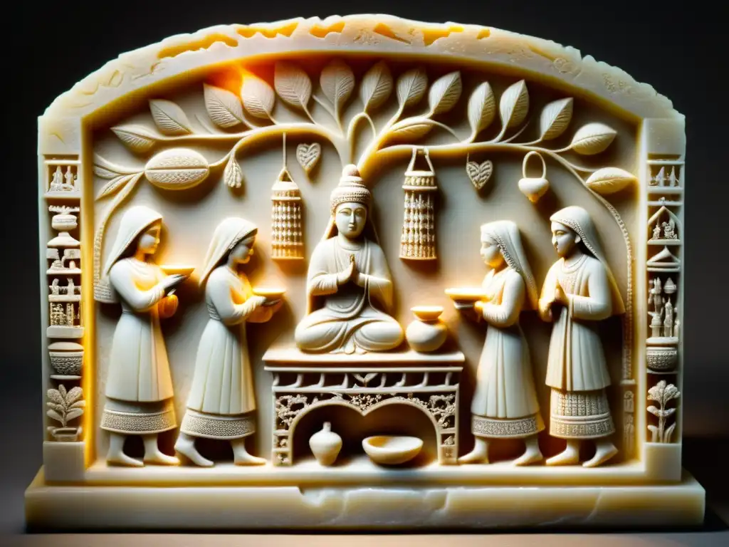 Relieve de alabastro con escena de rituales domésticos en Persia Antigua, mostrando la vida cotidiana y la reverencia familiar en torno al fuego