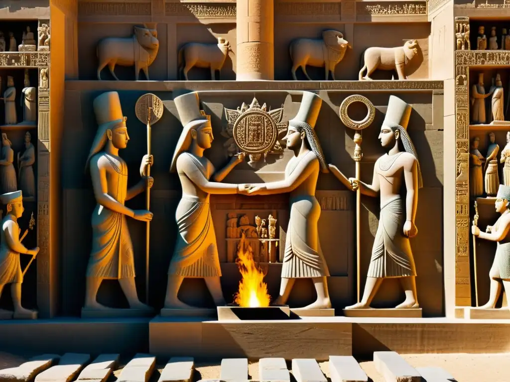 Relieve detallado de la Ceremonia del Fuego Zoroastrismo Persépolis, iluminado por el sol, evocando la antigua ceremonia