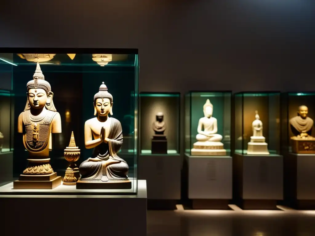 Reliquias religiosas antiguas en museo tenue, iluminación suave y visitantes contemplativos