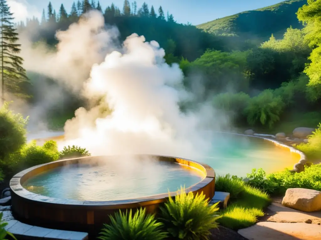 Un remanso de aguas termales rodeado de exuberante vegetación, con vapor ascendente y bañistas disfrutando de la geoterapia