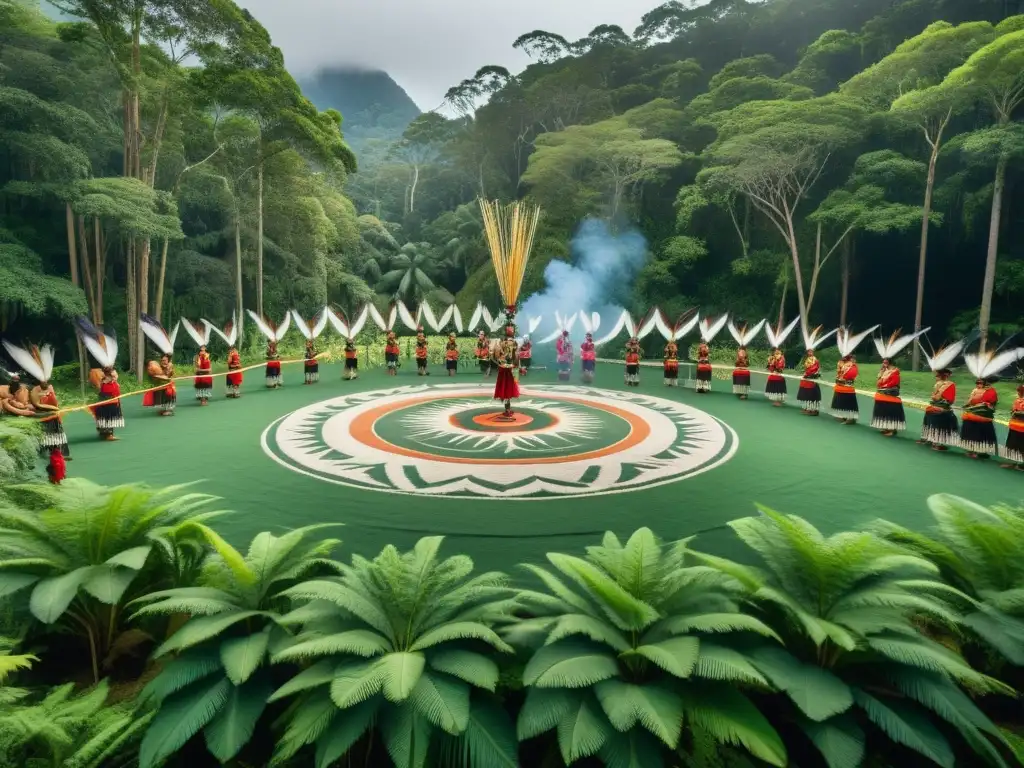 Una fotografía de alta resolución que muestra una ceremonia indígena tradicional en un frondoso bosque