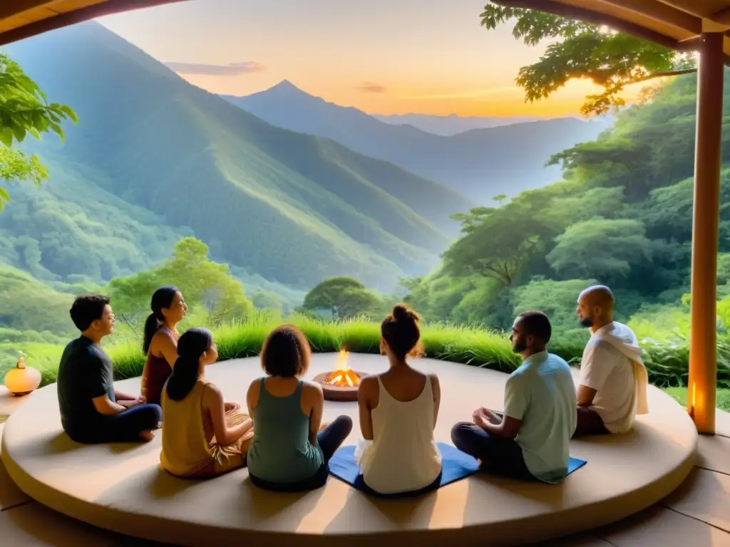 Un retiro espiritual en la montaña, con personas cantando mantras al atardecer