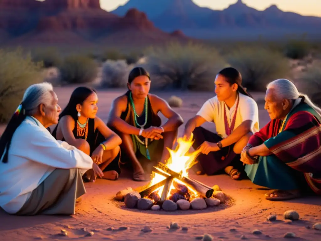 Retiro nativo en desierto de Arizona: Ceremonia tribal alrededor de fuego sagrado al atardecer, con paisaje desértico al fondo