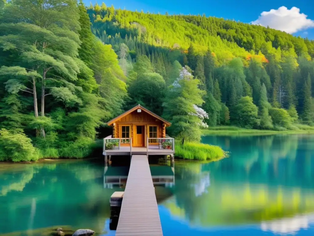 Un retiro de meditación sereno y rejuvenador en un bosque exuberante, junto a un lago tranquilo