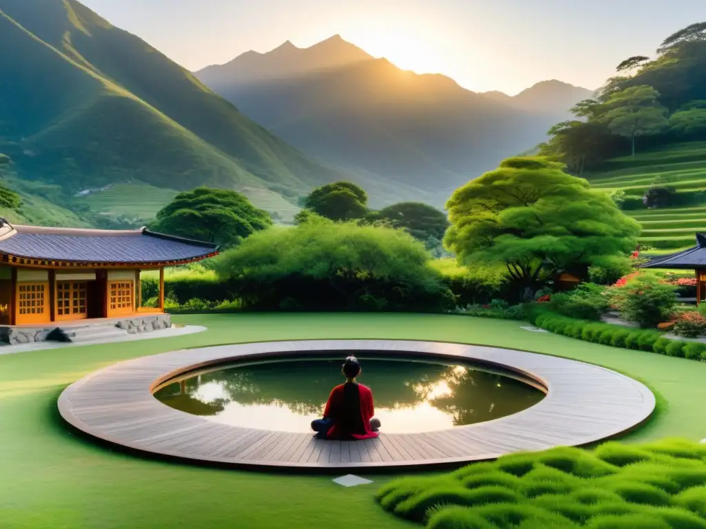 Un retiro de meditación trascendental en las montañas, con arquitectura tradicional y personas meditando al aire libre al atardecer