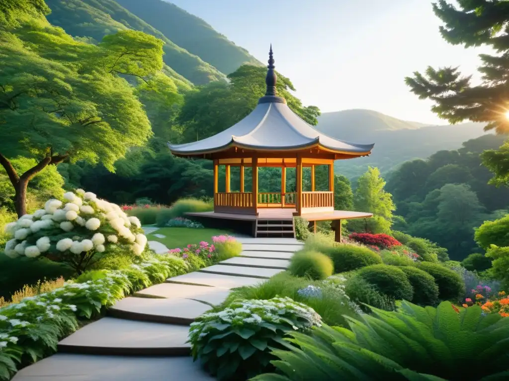 Retiro de meditación trascendental en las montañas, con un pabellón de meditación rodeado de naturaleza serena y personas en quietud contemplativa