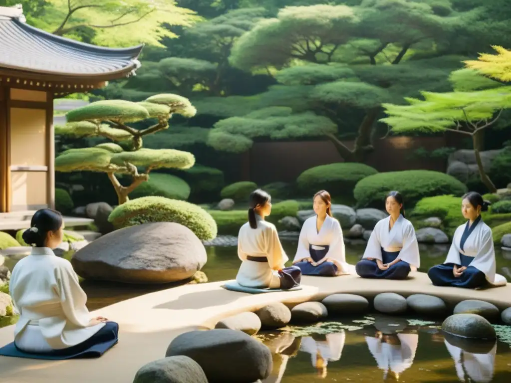 Retiro de meditación trascendental en un patio tranquilo y soleado, donde se practica la meditación en grupo bajo la guía de un instructor apacible