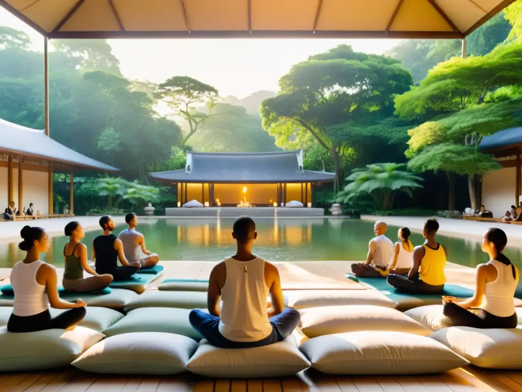 Retiro de meditación trascendental en sala serena iluminada por luz dorada, individuos en profunda concentración rodeados de naturaleza exuberante