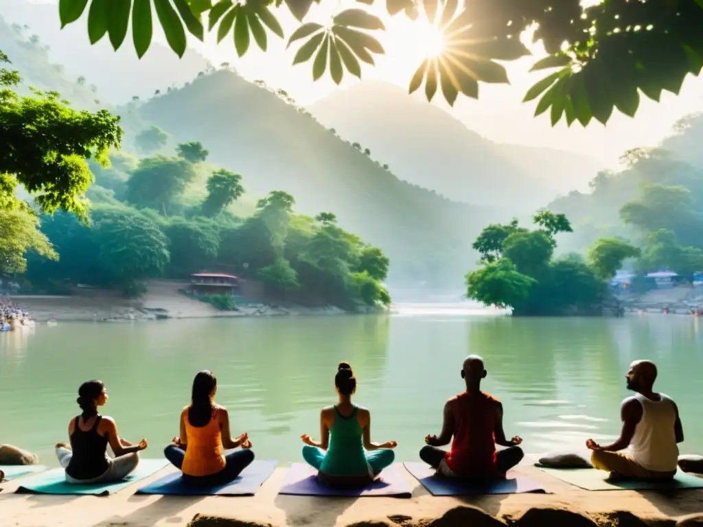 Retiros espirituales en Rishikesh yoga: Personas meditando junto al sagrado río Ganges, rodeados de naturaleza y paz