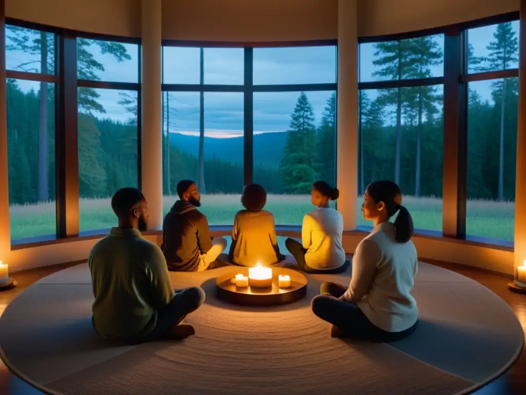 Retiros de silencio en tradiciones: Grupo meditando en un ambiente tranquilo con vista al bosque, iluminado por velas