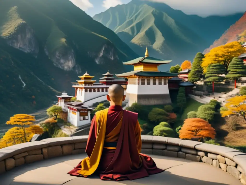 Retiros de silencio en tradiciones: monjes meditando en un monasterio budista entre montañas y follaje otoñal vibrante