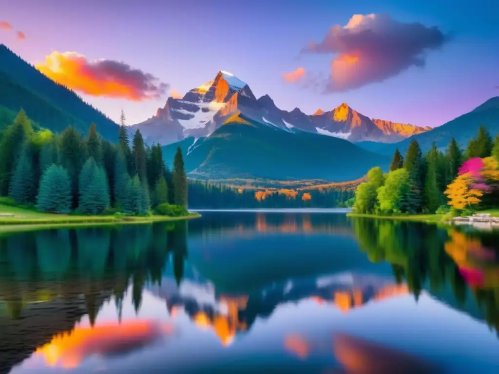 Retiros de meditación trascendental en un refugio de montaña sereno, rodeado de exuberante vegetación, con un lago tranquilo y un atardecer vibrante