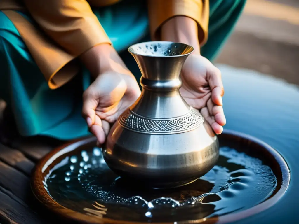 Un retrato cercano de una persona realizando el ritual de Wudu, con agua fluyendo sobre sus manos y antebrazos desde una jarra metálica tradicional