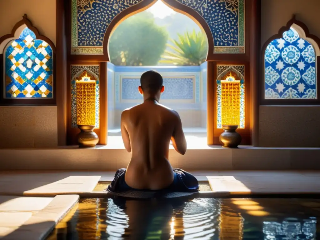 Un retrato detallado del ritual de wudu en el Islam, con movimientos simbólicos y una atmósfera de reverencia y tranquilidad