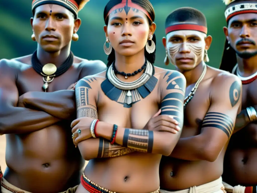Un retrato documental de personas de diversas culturas tribales con tatuajes tradicionales, participando en rituales culturales