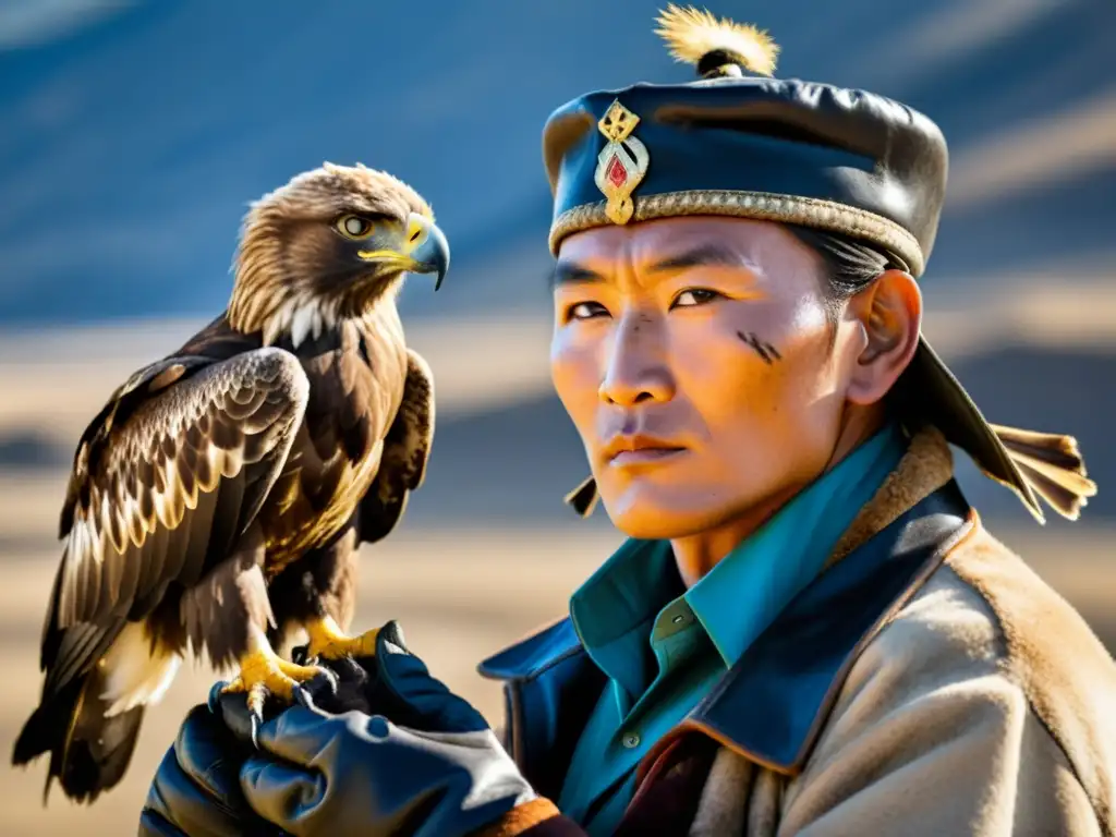 Un retrato impactante del majestuoso águila dorada en el Festival Águilas de Oro Mongolia, con el cazador tradicional y el paisaje impresionante