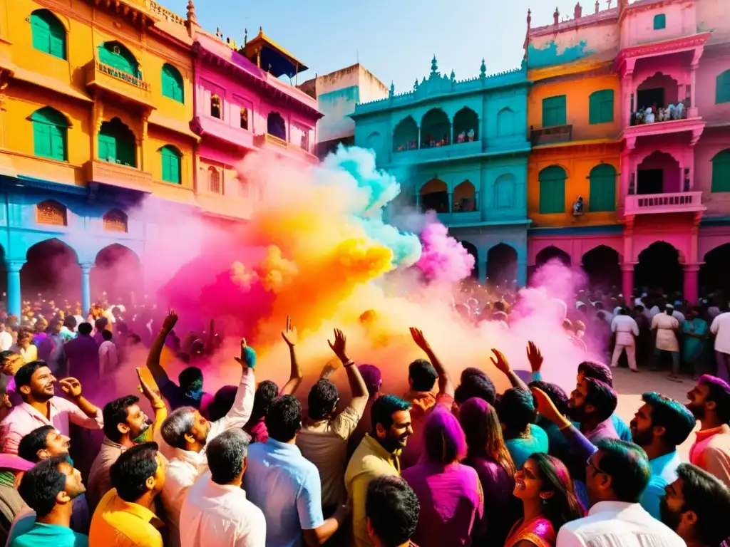 Reveladores del Festival Holi celebrando con polvos de colores en una bulliciosa calle