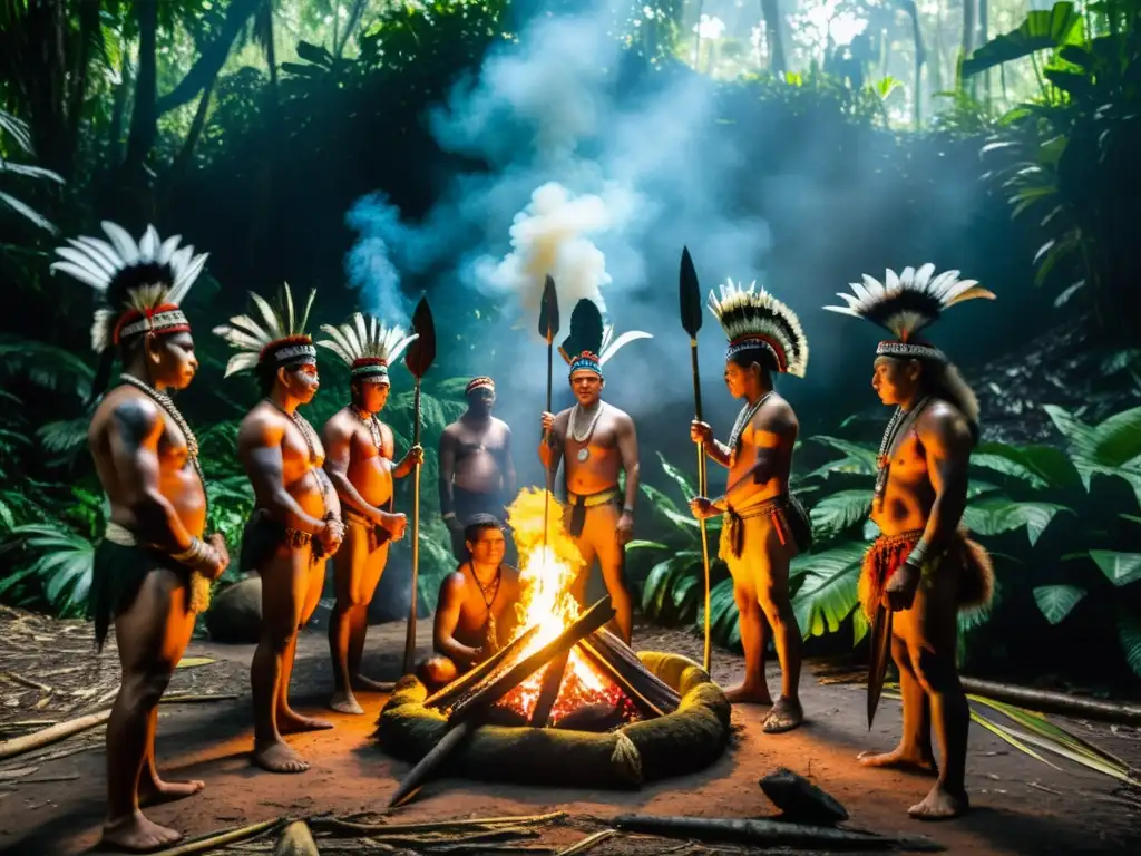 Rito de caza en la selva tropical: cazadores indígenas realizan ritual previo al inicio de la expedición en la exuberante selva amazónica