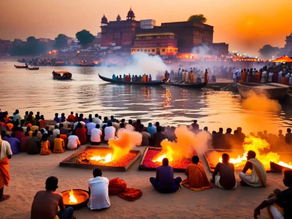 Rito de cremación en Varanasi: Una escena colorida y solemne en las ghats del sagrado río Ganges al atardecer