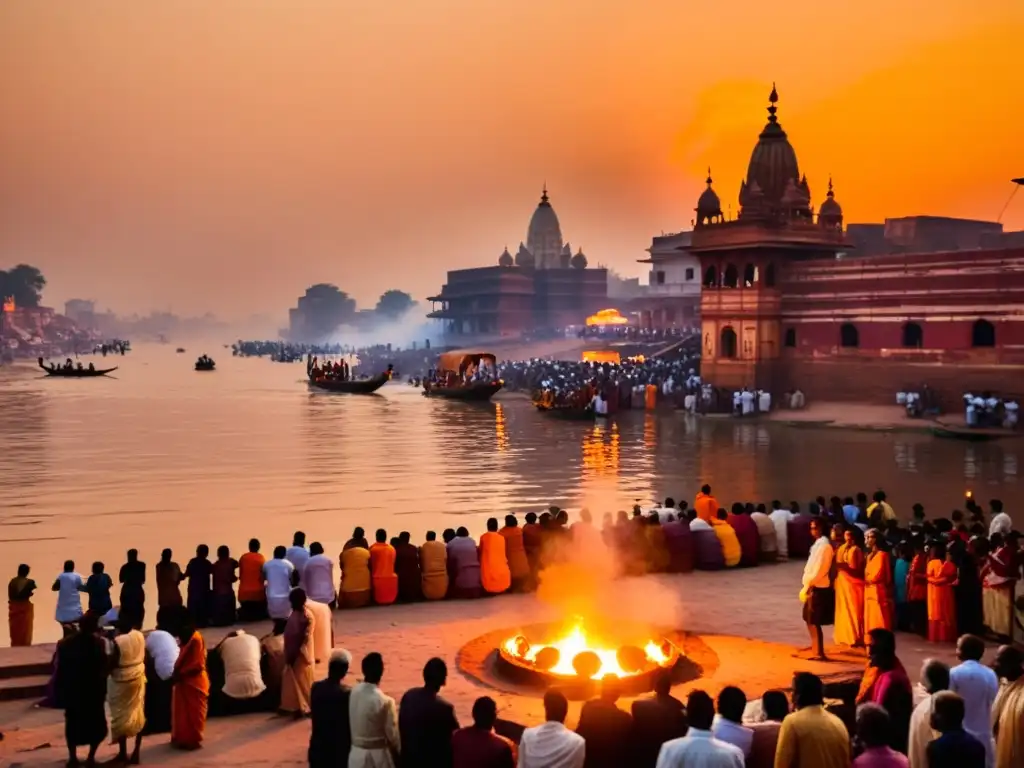 Rito de cremación en Varanasi: escena solemne en los Ghats al atardecer, con el Ganges y rituales hindúes