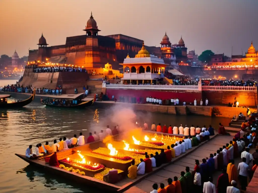 Rito de cremación en Varanasi: Imagen impresionante del ritual sagrado a orillas del río Ganges, con coloridos edificios y aguas serenas