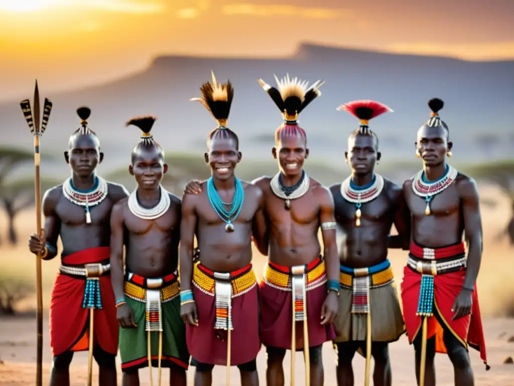 Rito del Samburu Eunoto transición: Guerreros Samburu con atuendos tradicionales, lanzas en alto, en la sabana keniana