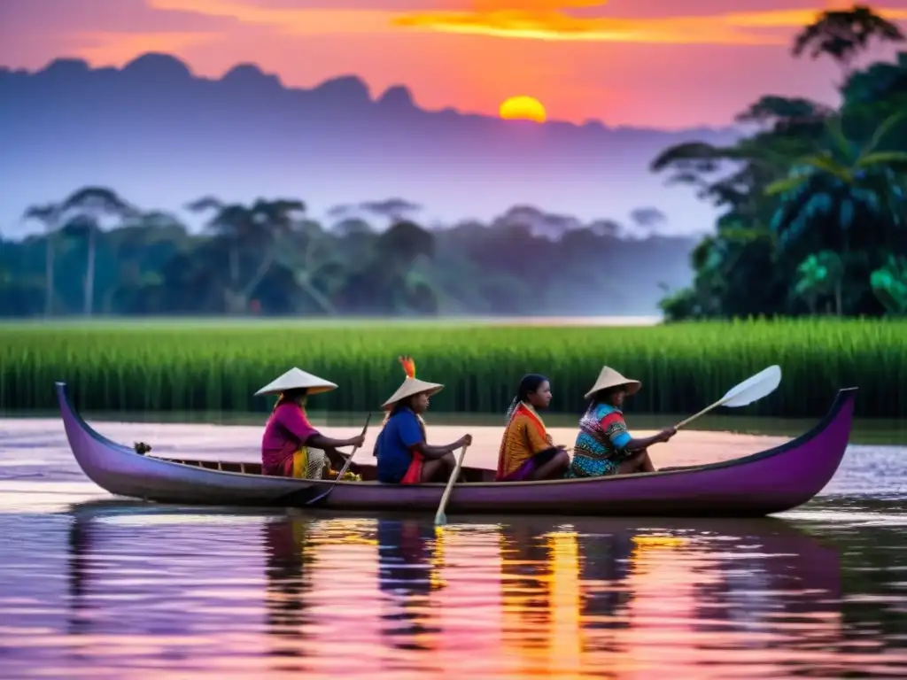 Rito pesca mágica en la naturaleza amazónica: indígenas en canoa, selva exuberante y aves tropicales al atardecer