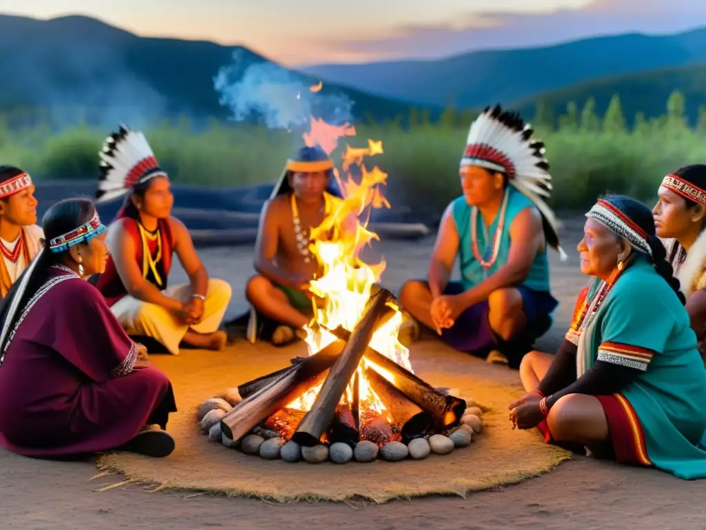 Rito de paso ancestral significado: comunidad indígena reunida alrededor de una fogata en ceremonia sagrada bajo un cielo estrellado