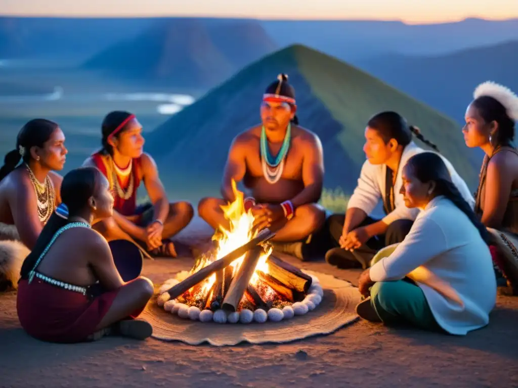 Rito de paso ancestral significado: Ceremonia de visión con fuego, anciano y jóvenes en paisaje sagrado