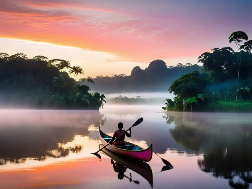 Rito de pesca mágico en la naturaleza amazónica al amanecer, con una canoa y exuberante vegetación reflejados en el río sereno