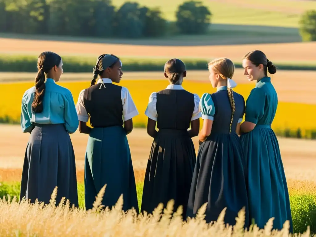 Ritos de iniciación en Amish: Adolescentes cosen con determinación, mientras un anciano los observa con orgullo en un campo bañado por la luz dorada