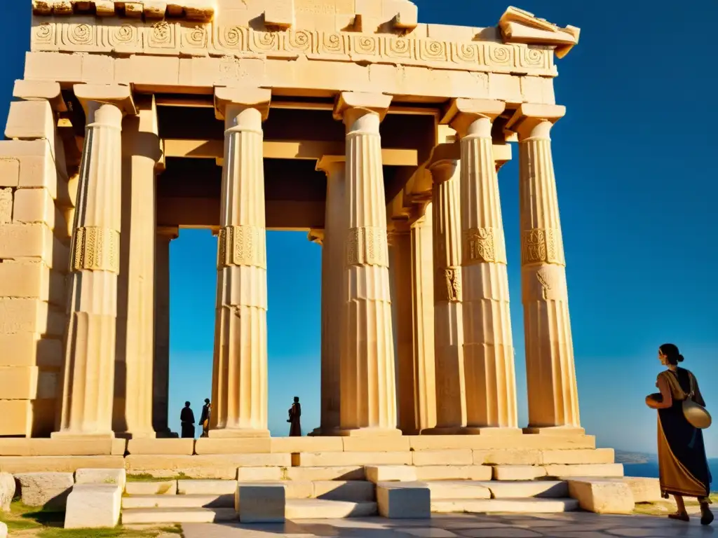 Ritos de adoración en Grecia Clásica: Detallada imagen de un templo griego clásico bañado en luz dorada y rodeado de adoradores y música tradicional