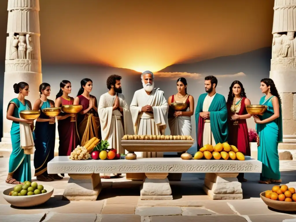 Ritos de adoración en Grecia Clásica: Imagen documental de antiguos adoradores griegos reunidos alrededor de un altar de piedra, con ofrendas de frutas, flores e incienso, en una atmósfera serena y reverente bajo la cálida luz del sol