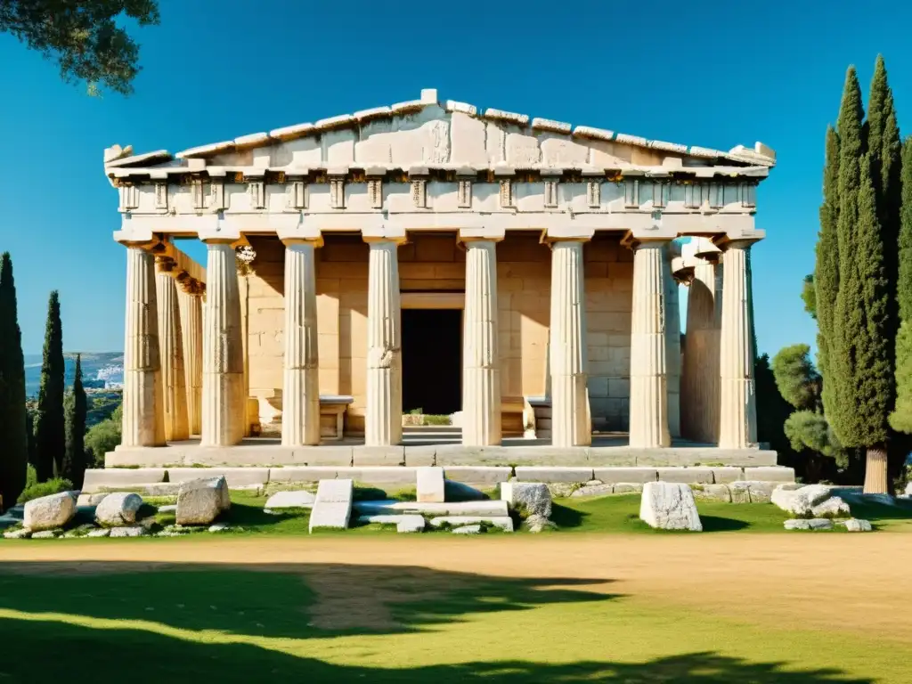 Ritos de adoración en Grecia Clásica: Templo griego con detalles tallados, columnas, adoradores y paisaje sereno