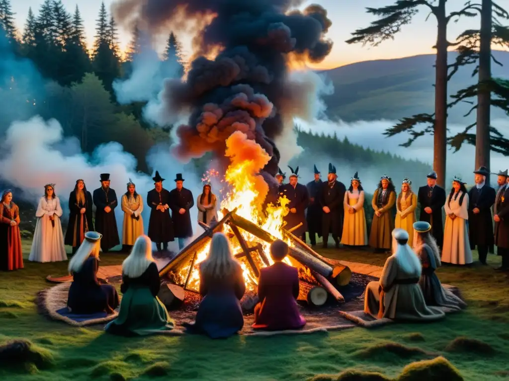 Rituales de Samhain en el bosque: un espectáculo místico Ritos de Año Nuevo Celta Samhain: Una fogata brilla en un bosque denso al anochecer, rodeada de personas en trajes celtas, creando una escena mística
