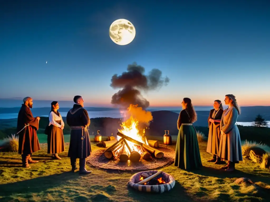 Rituales Celtas en la Noche de Samhain: Misterio y Tradición Ritos de Año Nuevo Celta Samhain: Grupo de personas en bosque con fogata, luna brillante, vestidos con ropa tradicional, realizando antiguos rituales
