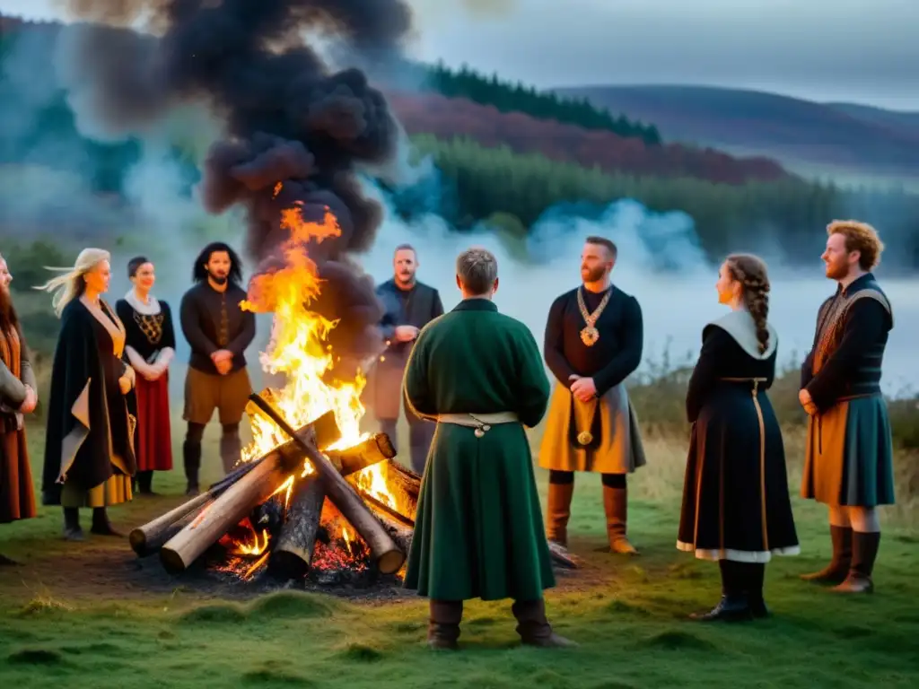 Rituales Samhain: Danzas y Cantos Celtas alrededor del Fuego Ritos de Año Nuevo Celta Samhain: Grupo en trajes celtas bailando alrededor de una fogata en el bosque entre la mística neblina