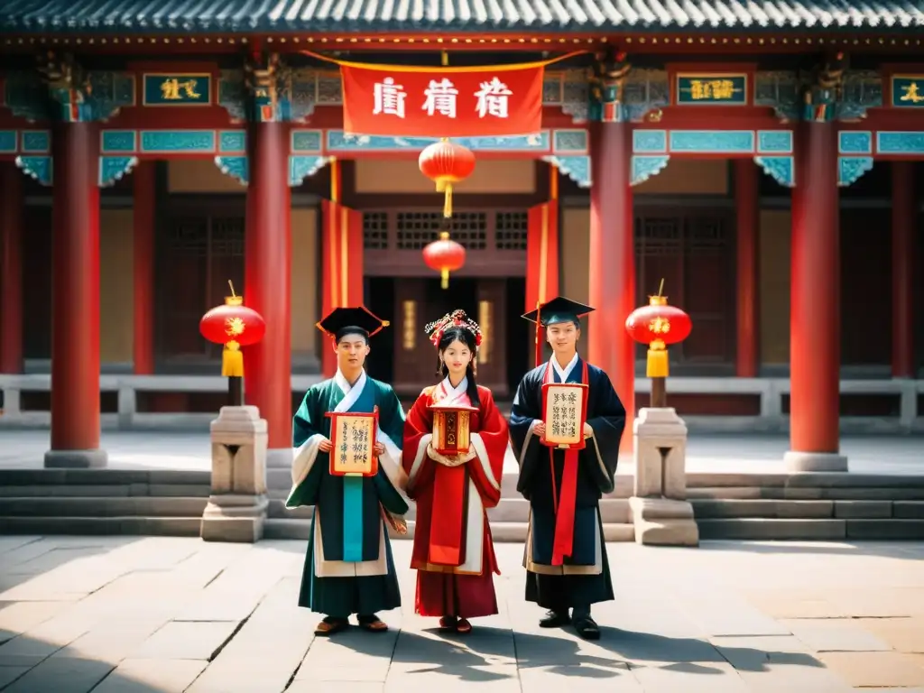 Ritos de graduación en China: Académicos en Hanfu realizan una ceremonia solemne en un majestuoso patio con linternas rojas y grabados de piedra