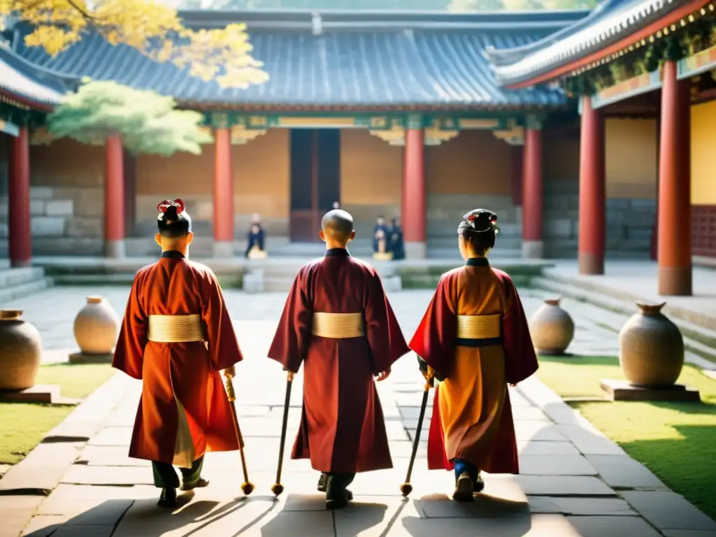 Ritos de graduación en China: Sabios en túnicas tradicionales realizan una procesión ceremonial en un patio antiguo, bajo la cálida luz del sol