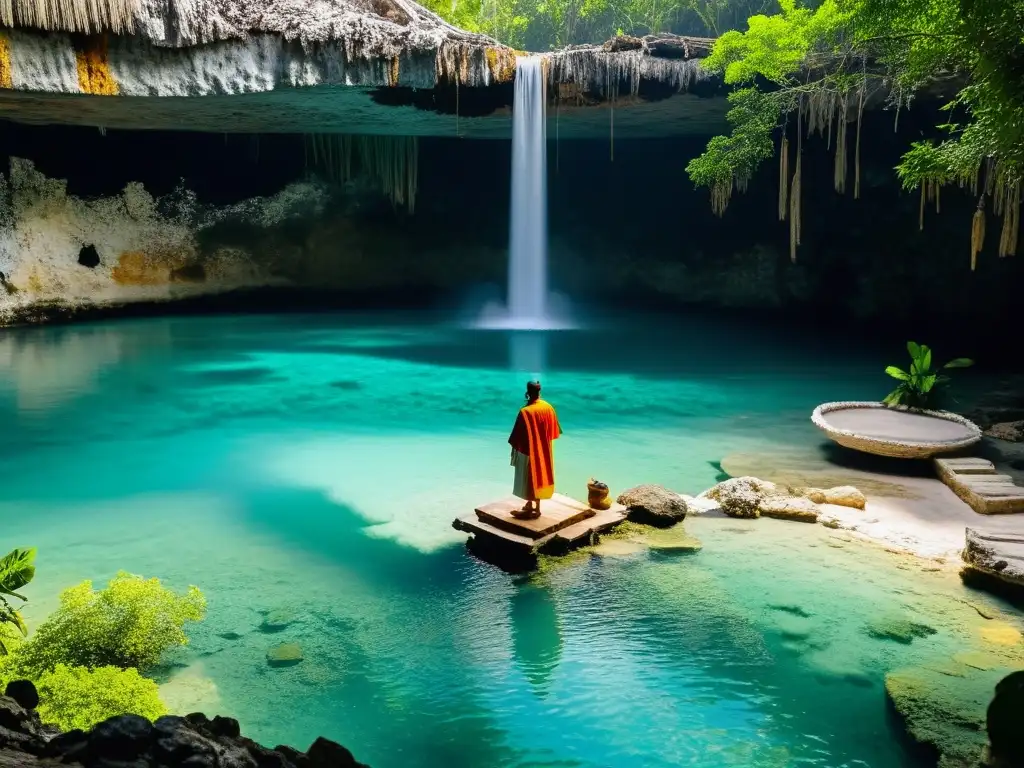 Ritos culturales de purificación con agua en ceremonia maya en cenote